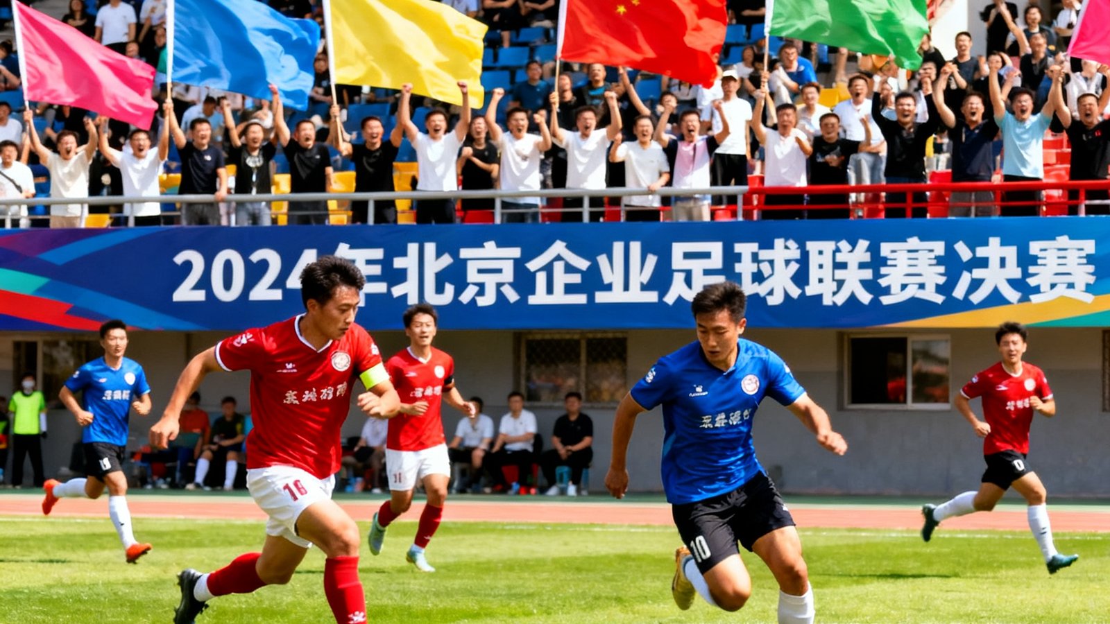 2024年北京企业足球联赛决赛现场，两支队伍在绿茵场上激烈对抗，观众席上数百名企业员工挥舞旗帜呐喊助威